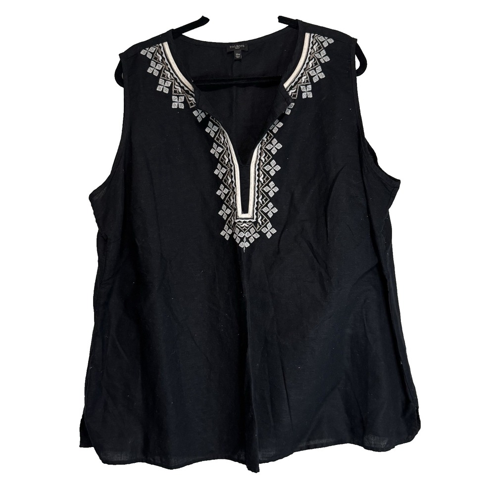 Talbots Woman Black Sleeveless Embroidered V Neck Tunic Top Plus Size 20W